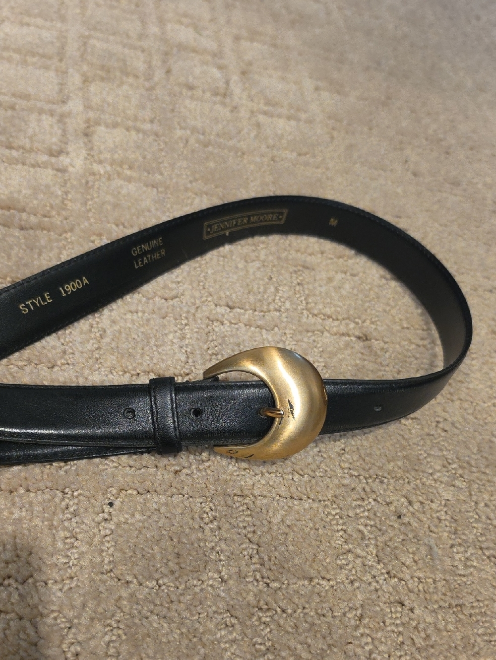 Jennifer Moore Black Leather Belt with Gold Crescent Buckle Accent